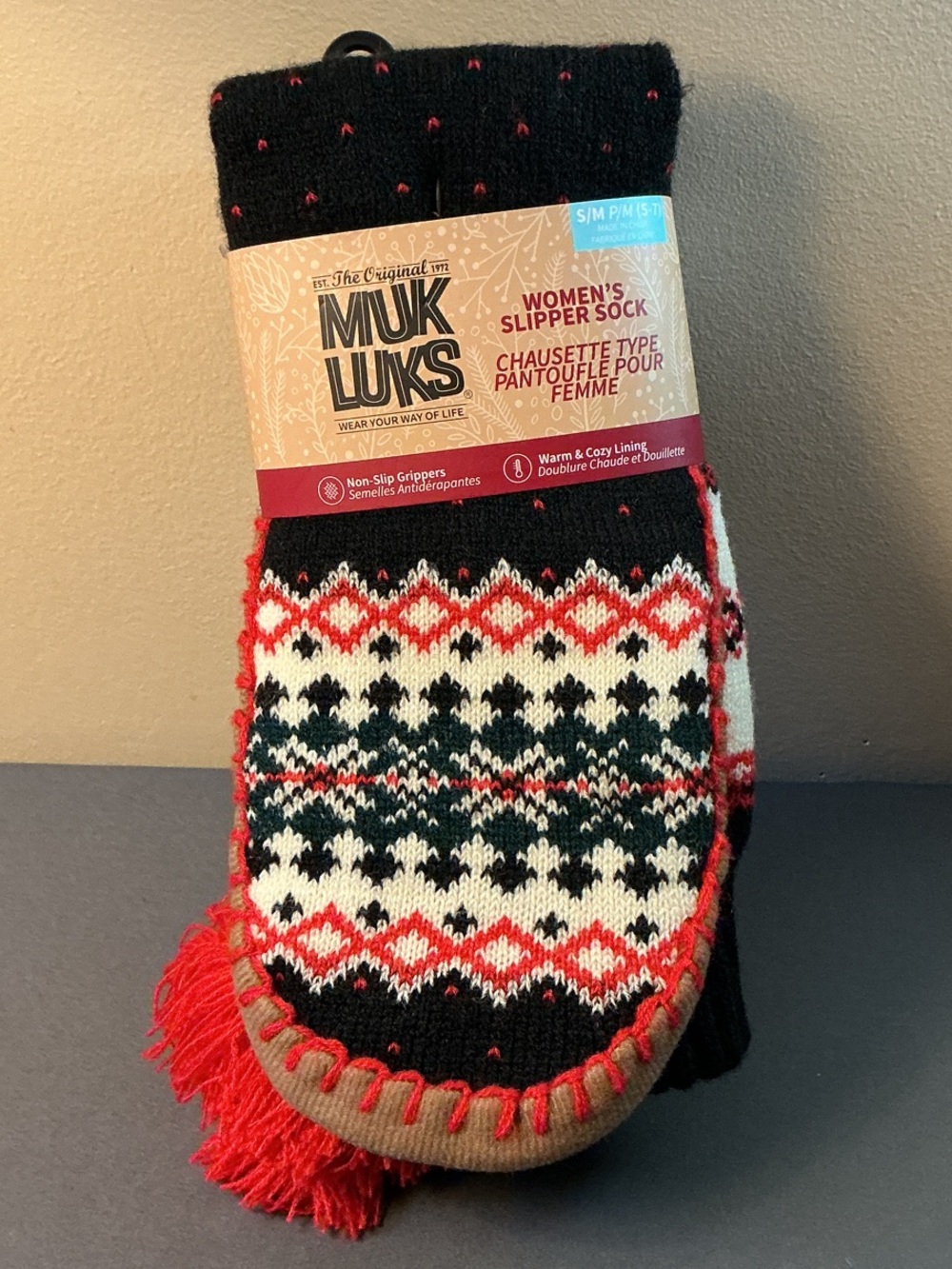 Muk Luks Black, Red & Cream Fair Isle Women's Slipper Socks